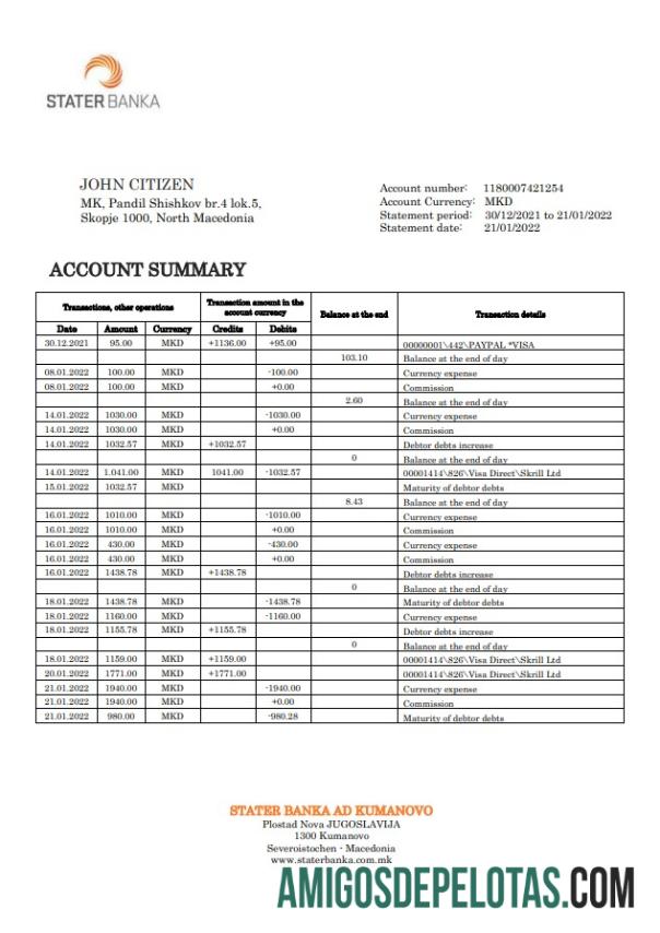 North Macedonia Stater Banka extrato bancário amostra